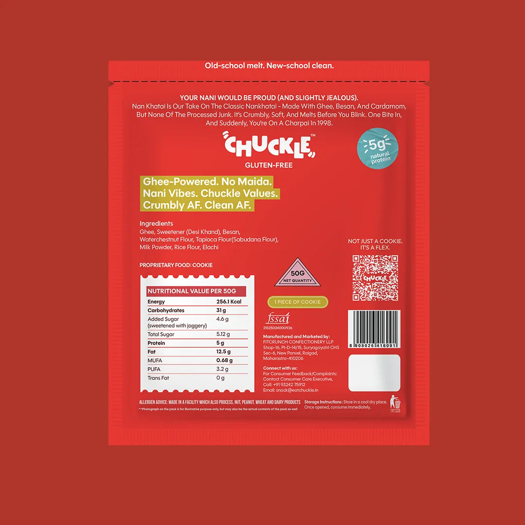 Chuckle Nankhatai Gluten Free Ghee Cookies Back of Pack Ingredients Nutrition and Product Information
