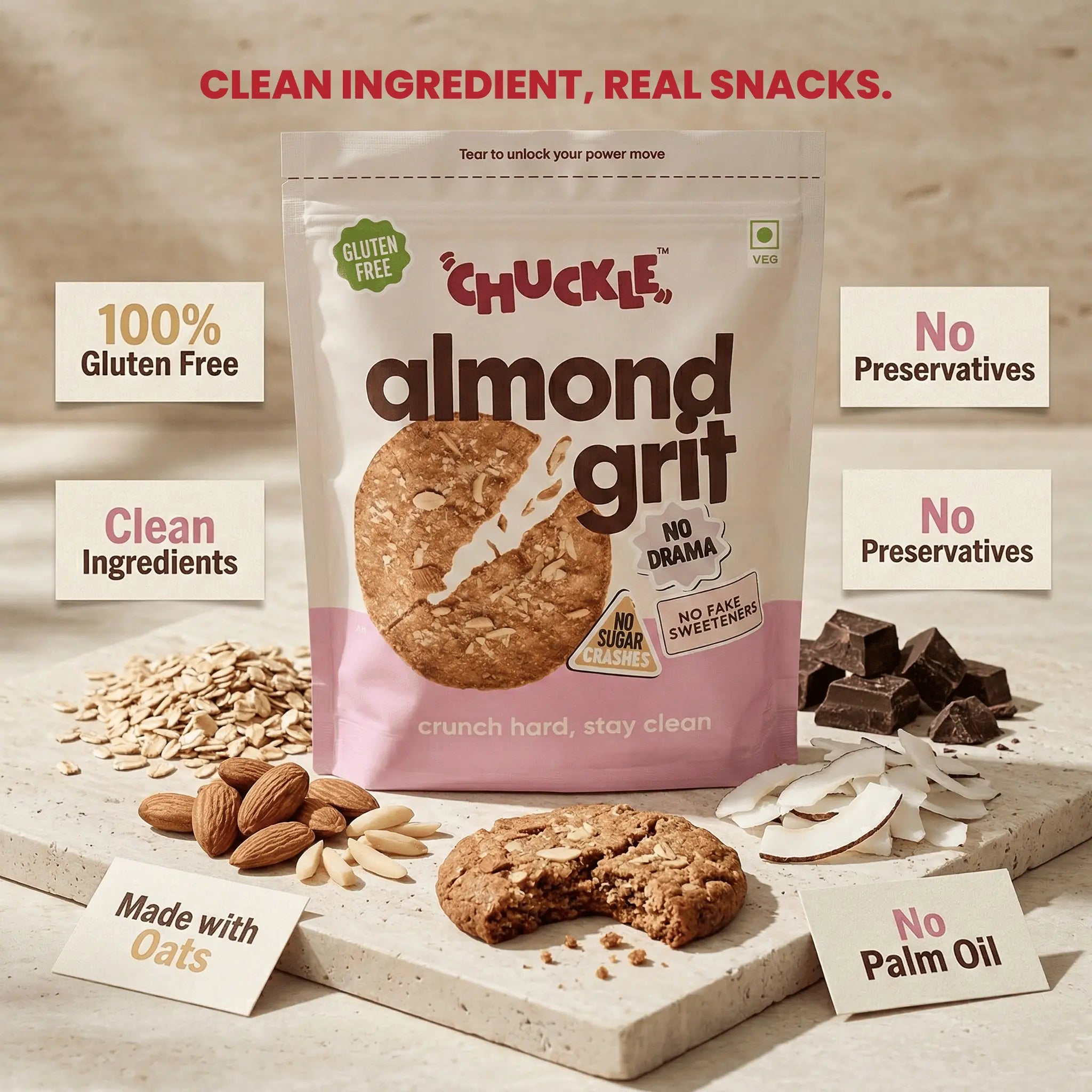 Chuckle Almond Grit gluten free cookie made with oats almonds and clean ingredients Jaggery