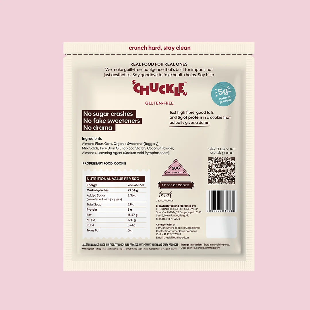 Chuckle Almond Grit Gluten Free Cookies Back of Pack Ingredients Nutrition and Product Information