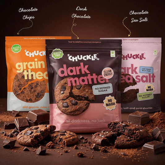 Chuckle Gluten free chocolate cookie flavours including Dark Matter Dark Chocolate cookie Grain Theory Chocolate chip cookie and Dark Sea Salt