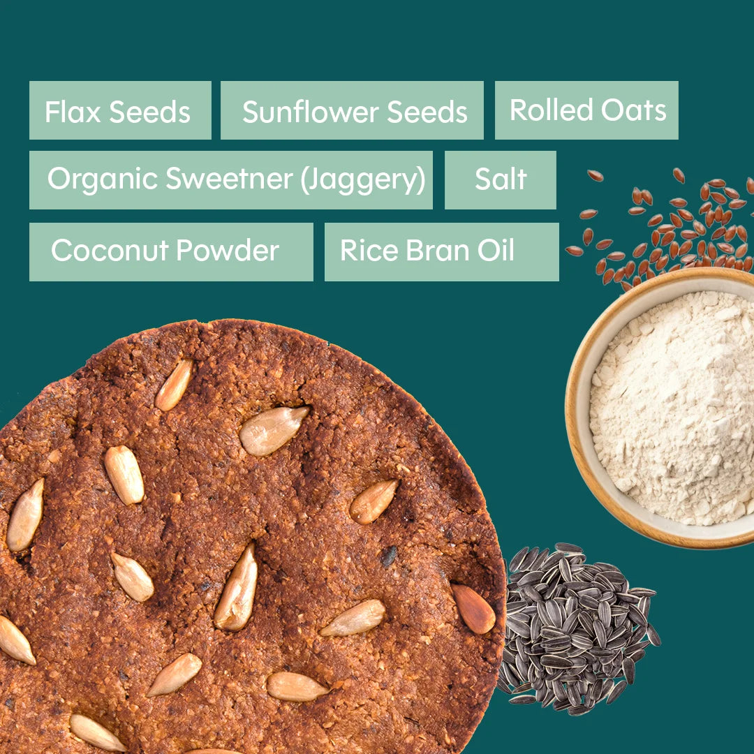 Chuckle Clean Seed Gluten Free Cookies Ingredients Flax Seeds Sunflower Seeds Oats Jaggery Coconut Powder and Rice Bran Oil