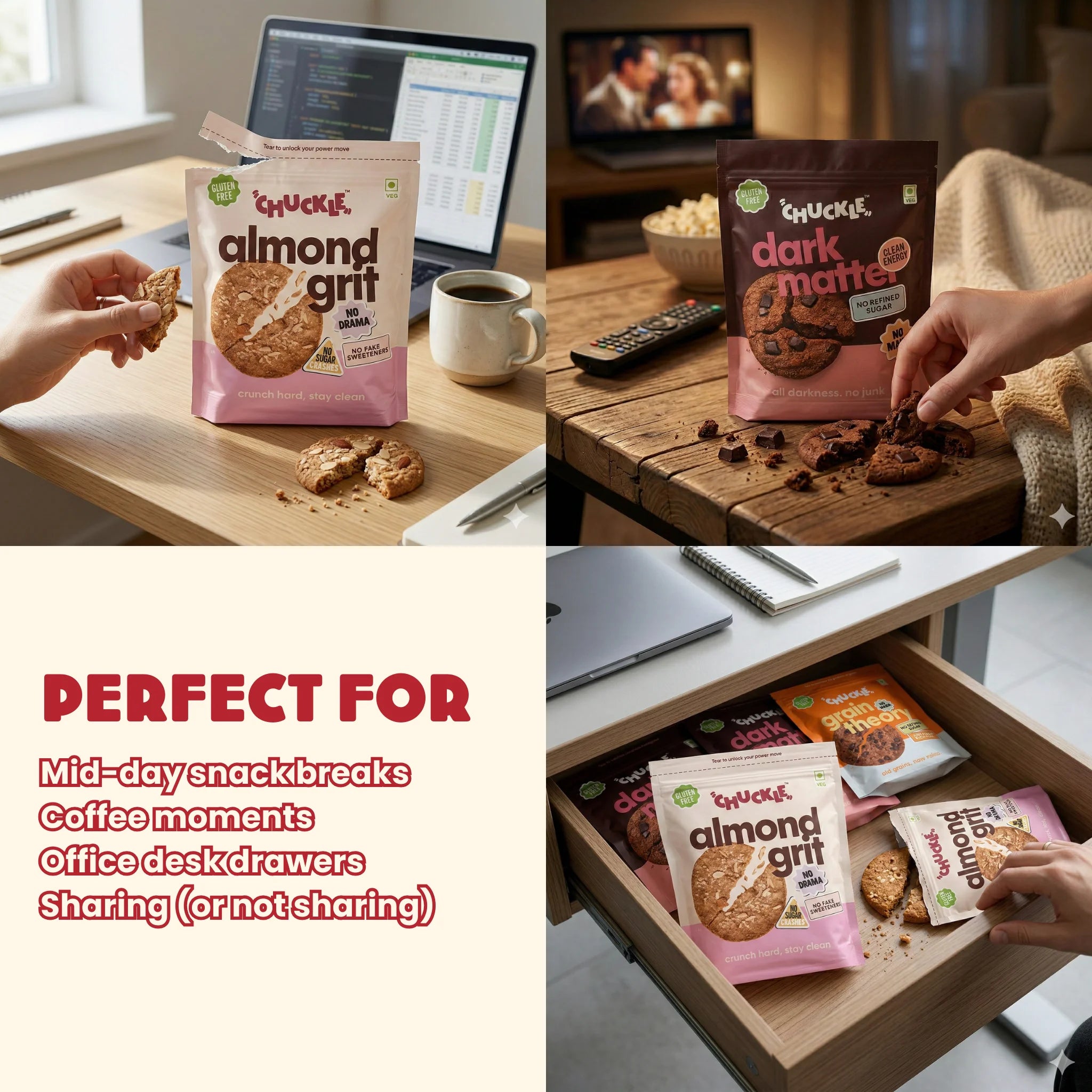 Chuckle gluten free cookies perfect for coffee breaks office desks and snack moments