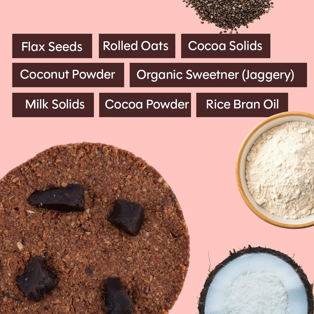 Chuckle Dark Matter Gluten Free Chocolate Cookies Ingredients Oats Cocoa Powder Chocolate Chunks Jaggery and Rice Bran Oil