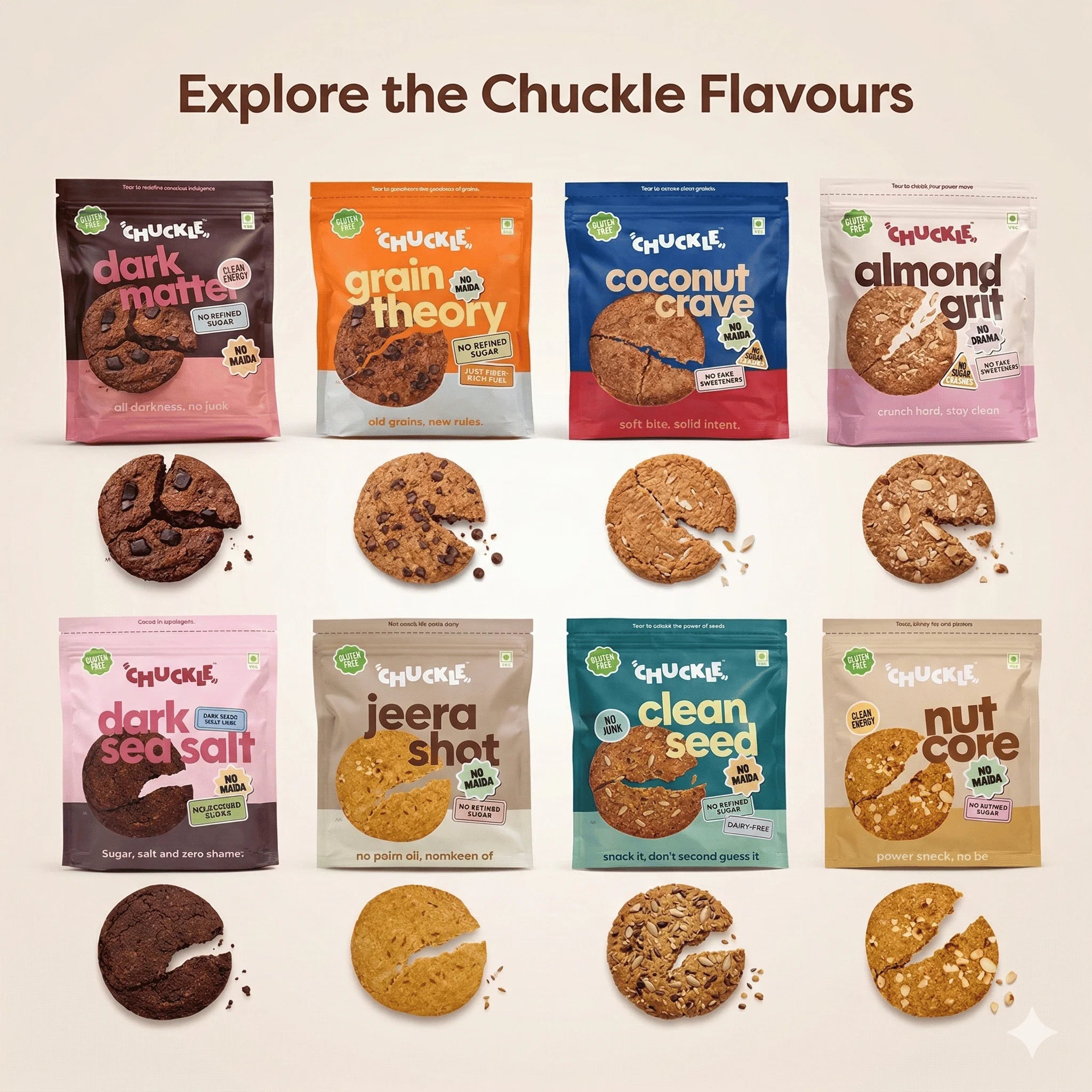 Chuckle Discovery Box with 8 gluten-free cookie flavours including Dark Matter Cookies (Dark Chocolate Cookies) Grain Theory Cookies(Chocolate Chips Cookies) Coconut Crave Cookies (Coconut Cookies) and Almond Grit Cookies (Almond Cookies)