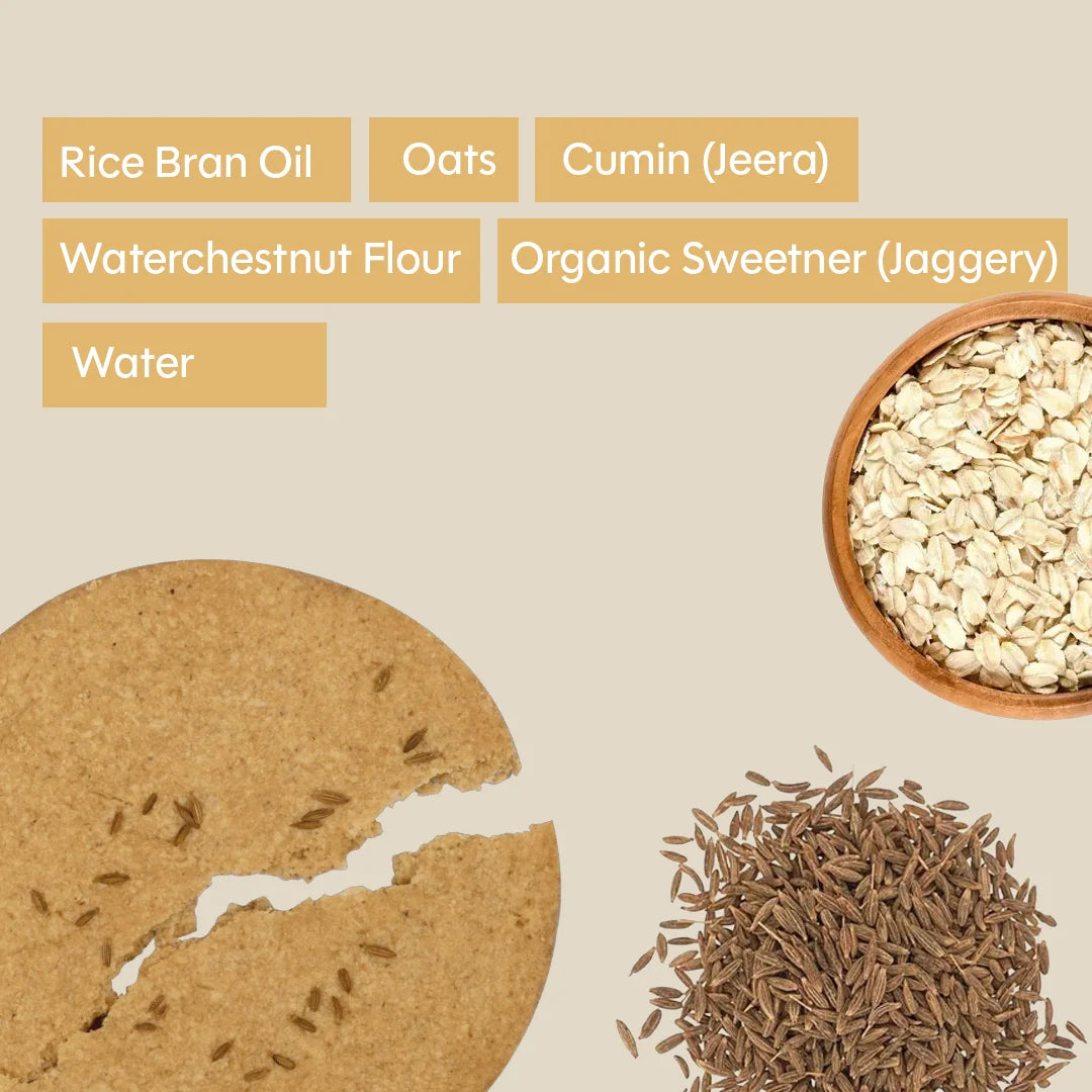 Chuckle Jeera Shot Savory Cookies Ingredients Rice Bran Oil Oats Jeera Cumin Water Chestnut Flour and Jaggery