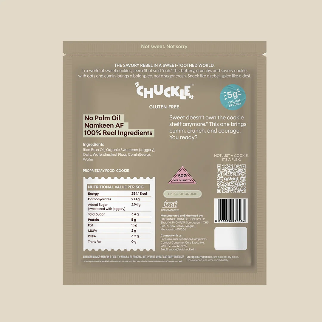Chuckle Jeera Shot Savory Cookies Back of Pack Ingredients Nutrition and Product Information